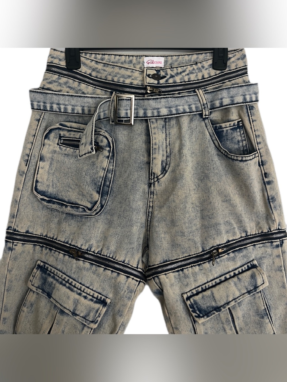 The RichXchange Women’s M Acid Wash Cargo Belt Multi Pocket Street Grunge Jeans